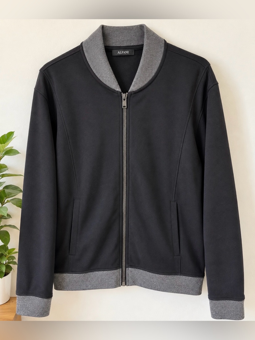 Alfani Men’s Bomber Jacket Size M Black Gray 100% Cotton Full Zip